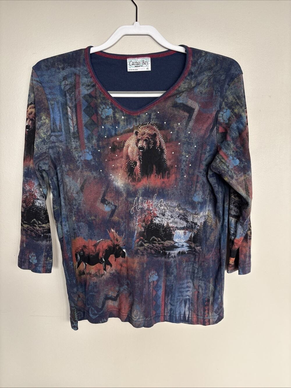 Vintage Y2K Cactus Bay XL Bear Moose Rhinestone Wildlife 3/4 Sleeve USA Top
